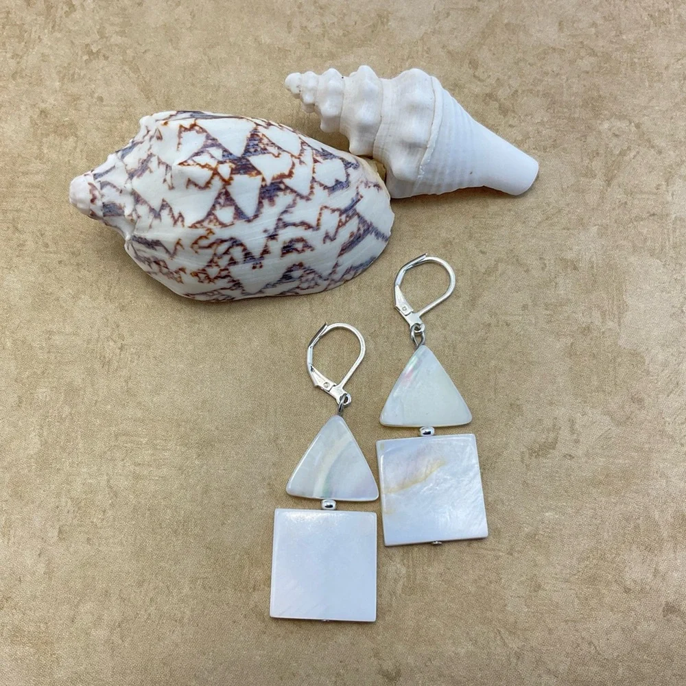 Mod Mother of Pearl Earrings, Handmade, Triangles & Squares, Neutral